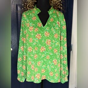 Joie Green & Pink Floral Print Peasant Blouse Women’s Size M